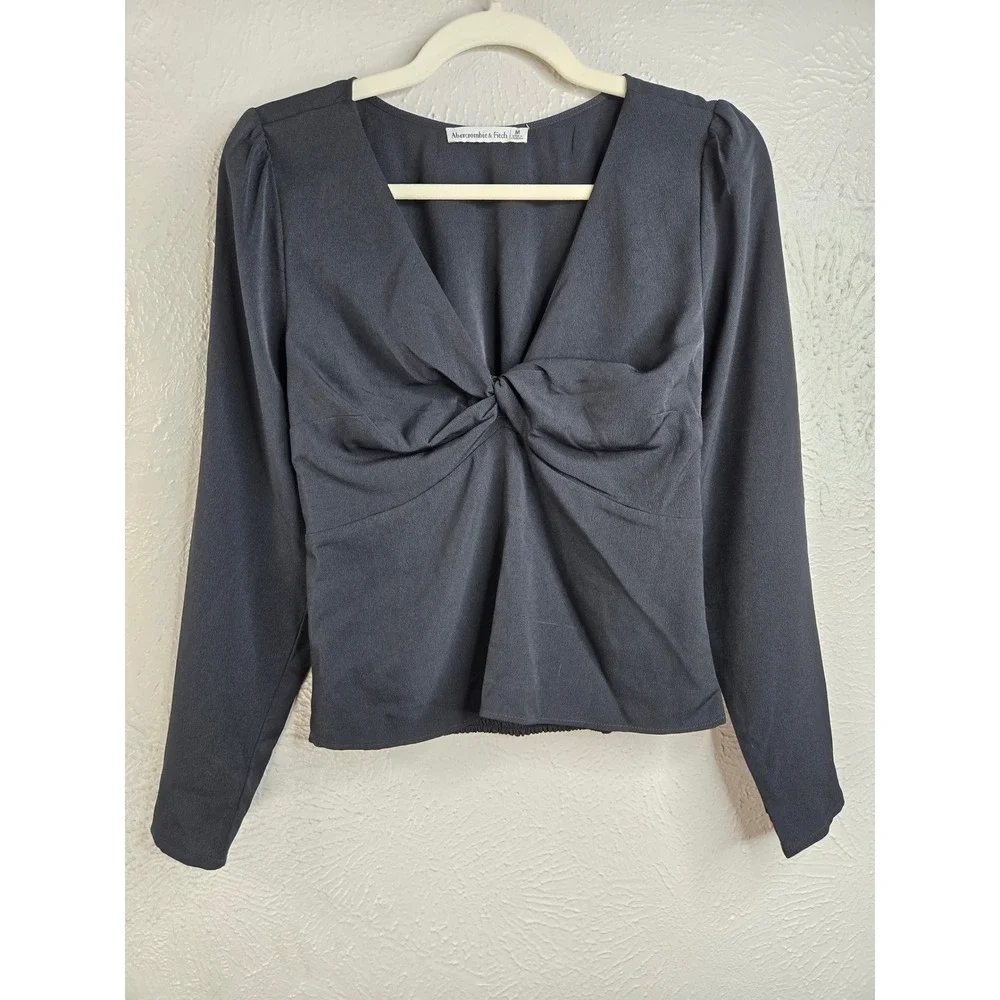 Abercrombie Twist Front Long Sleeve Top Black Smocked V Neck Blouse Dressy Goth